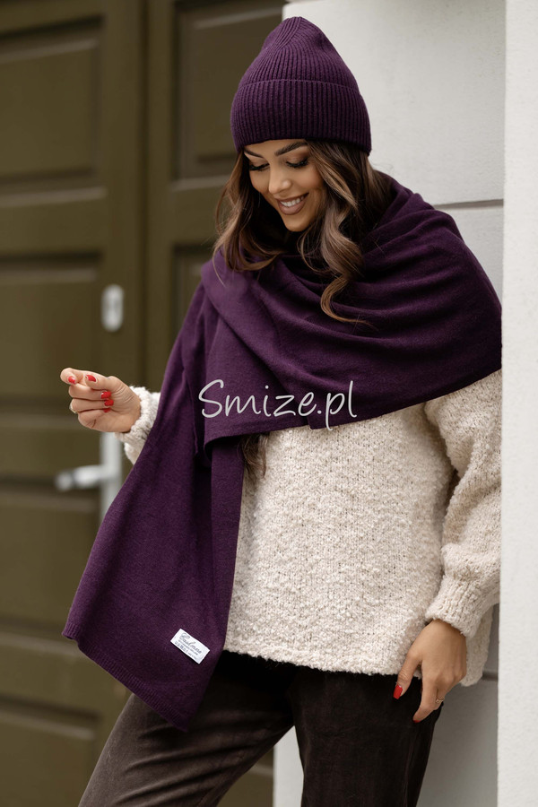 Komplet kaszmirowy bakłażan, szal z czapką CASHMERE