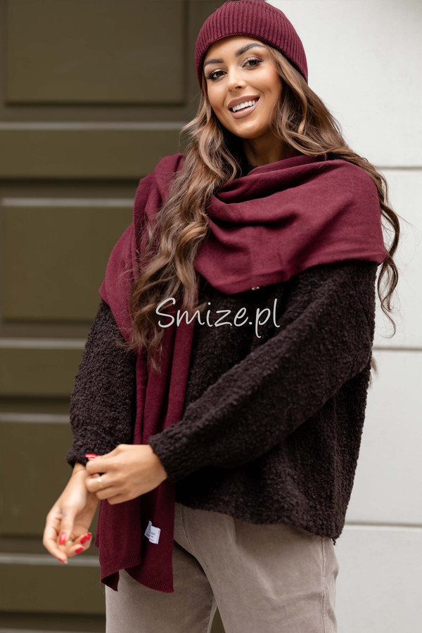 Komplet kaszmirowy bordowy, szal z czapką CASHMERE