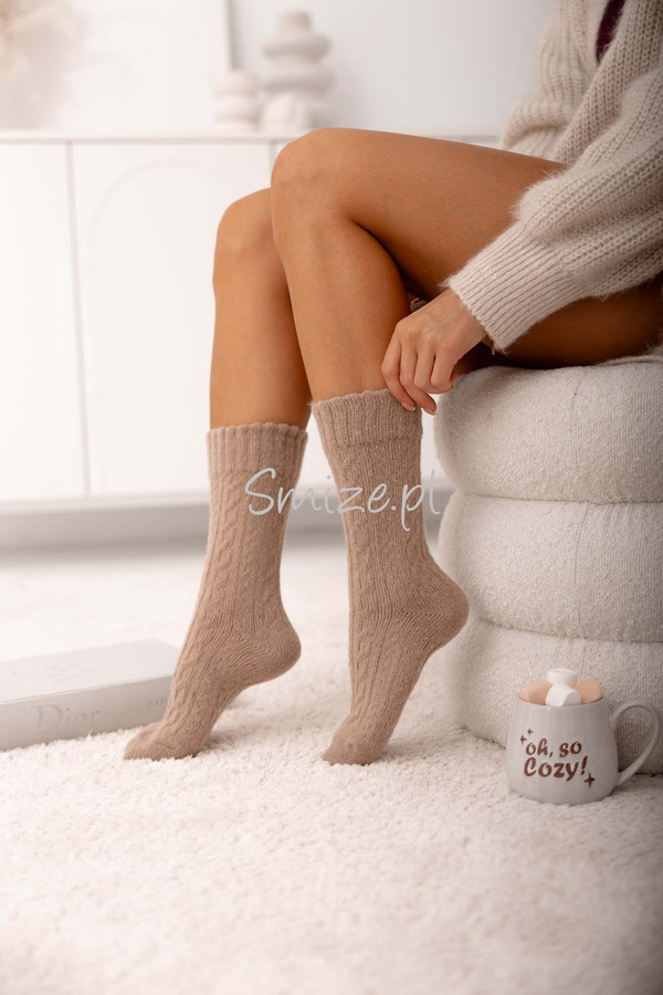 Skarpetki z angory, wzór warkocz, fango