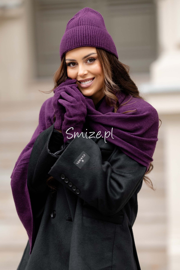Komplet kaszmirowy z rękawiczkami, CASHMERE, bakłażan
