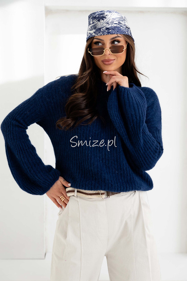 Sweter baby alpaka z dzwonkowymi rękawami, granatowy