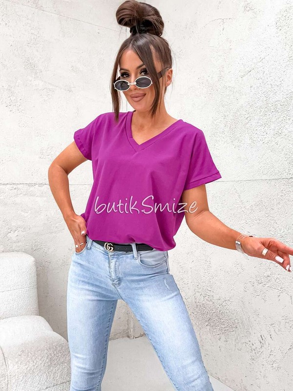 Gładki T-shirt bawełniany V neck classic Smize