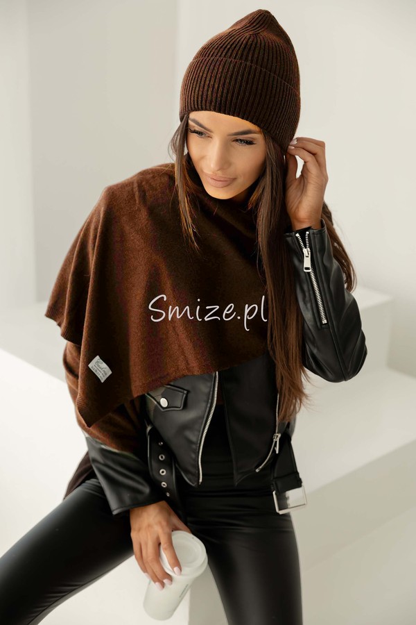 Komplet kaszmirowy brązowy melanż, szal z czapką CASHMERE