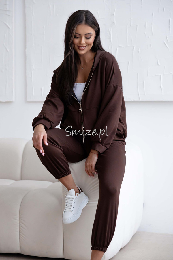 Komplet dresowy z wiskozy, masełkowy z rozpinaną bluzą, czekoladowy