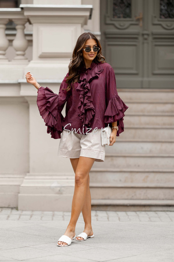 Bawełniana bluzka z falbanami i rozkloszowanymi rękawami, bordowa