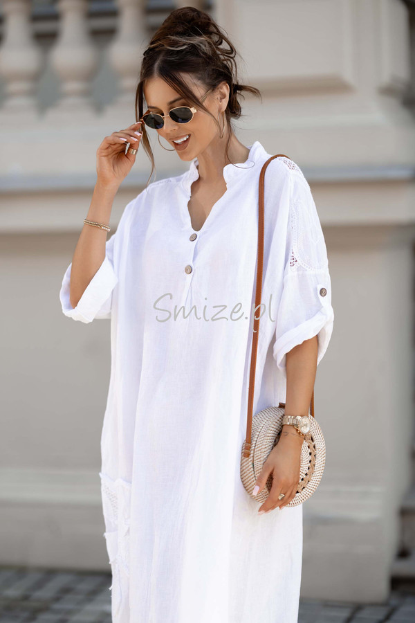 Sukienka lniana oversize z kwiatkiem