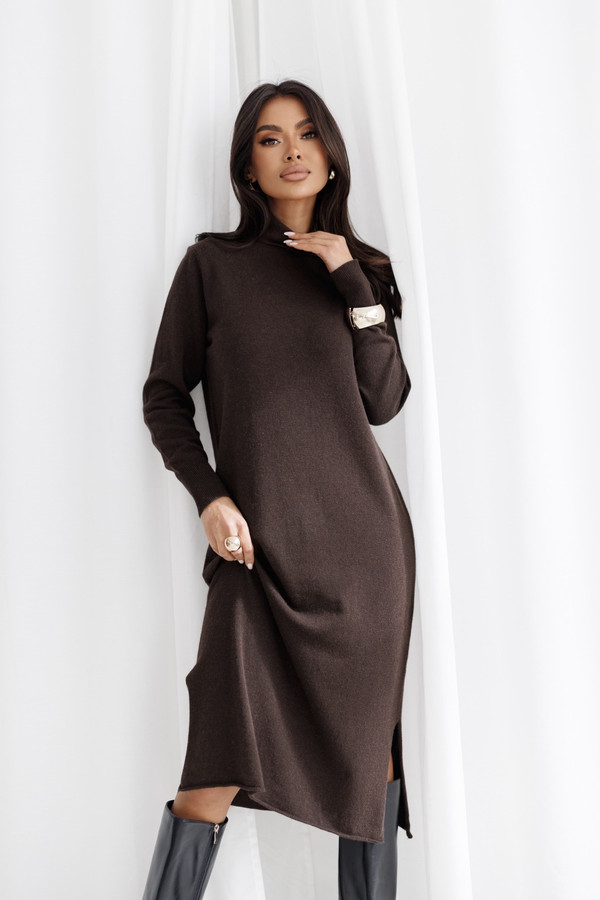 Wełniana Sukienka z golfem, z dodatkiem cashmiru ALVARO Madame Sue, czekoladowa