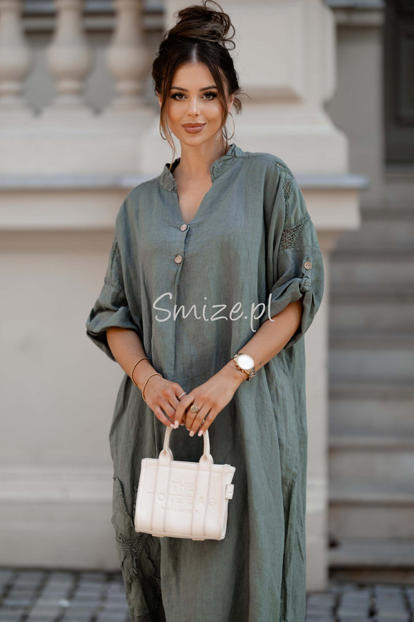 Sukienka lniana oversize z kwiatkiem