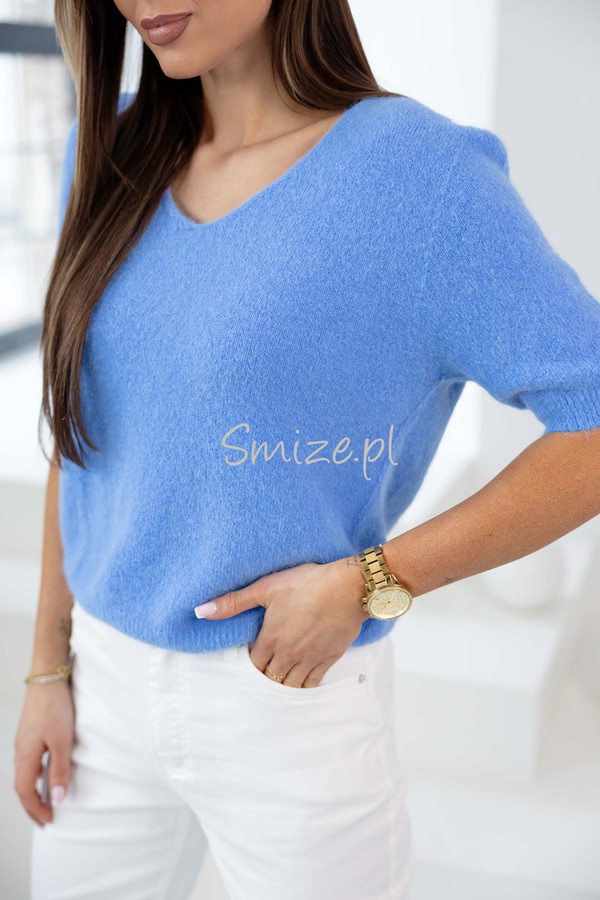 Sweter V-neck z krótkim rękawem baby alpaka GEORGINA niebieski