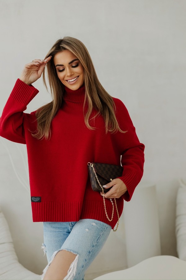 Sweter damski wełniany golf KELLY czerwony Madame Sue