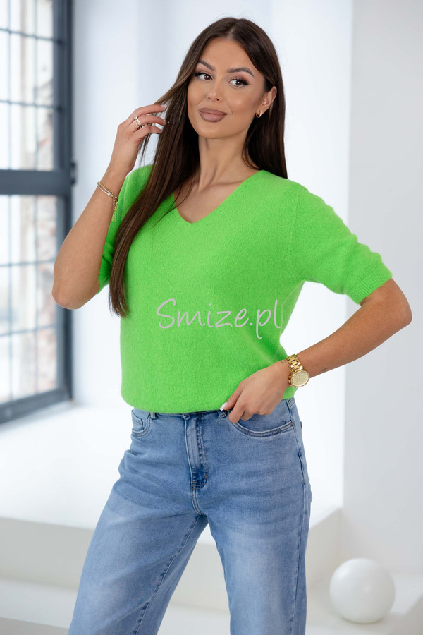Sweter V-neck z krótkim rękawem baby alpaka GEORGINA zielony