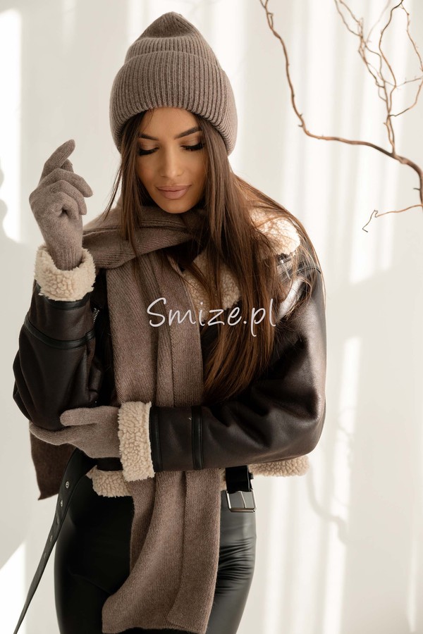Komplet damski z angorą i wełną, szal z czapką i rękawiczkami mokka