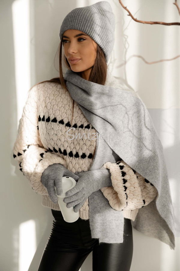 Komplet damski z angorą i wełną, szal z czapką i rękawiczkami szary