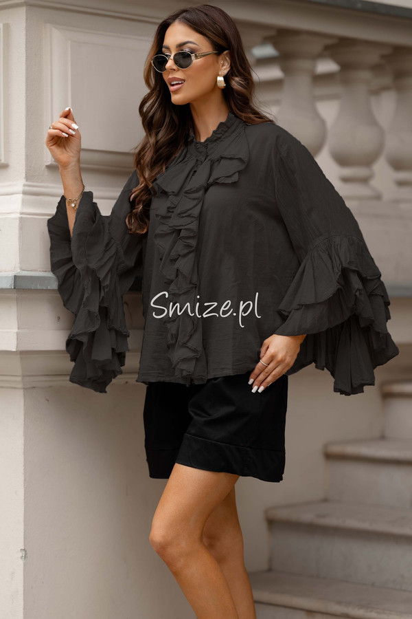 Bawełniana bluzka z falbanami i rozkloszowanymi rękawami, czarna