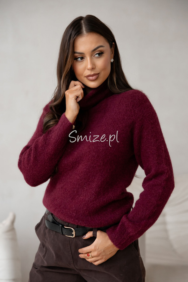 Sweter z golfem baby alpaka, bordowy
