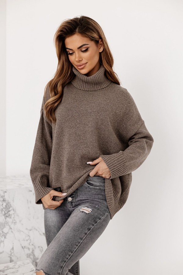 Sweter damski wełniany golf KELLY taupe Madame Sue