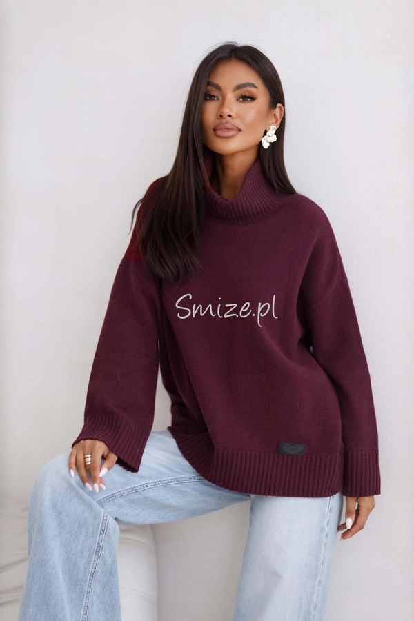 Sweter damski wełniany golf KELLY bakłażan Madame Sue