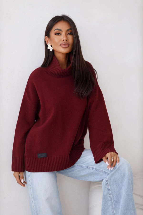 Sweter damski wełniany golf KELLY bordowy Madame Sue