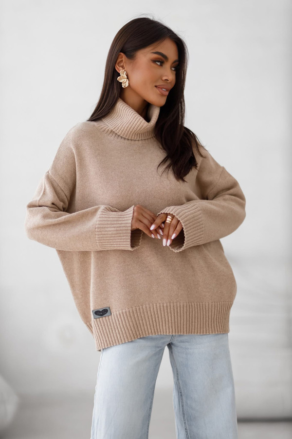 Sweter damski wełniany golf KELLY beżowy Madame Sue