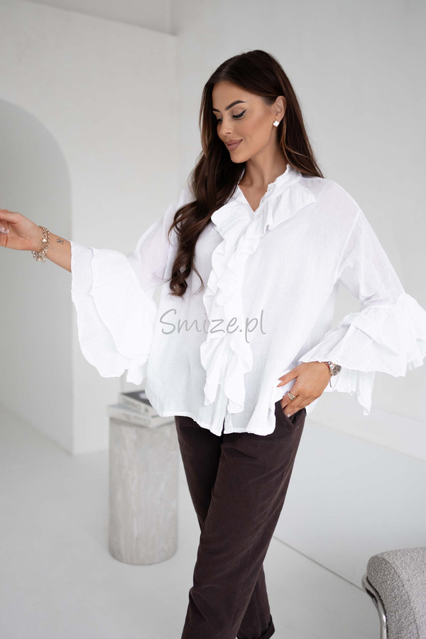 Bawełniana bluzka z falbanami i rozkloszowanymi rękawami, biała