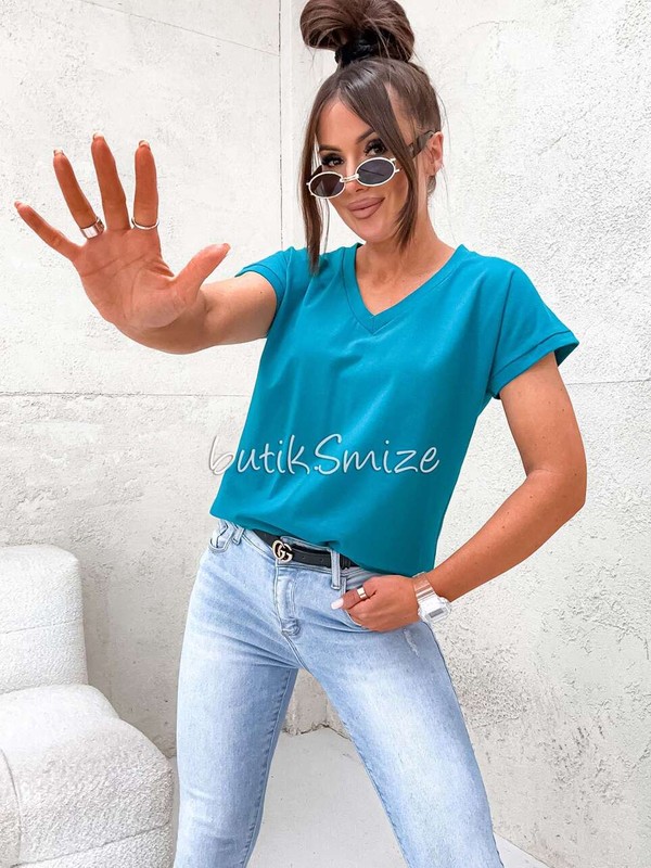 Gładki T-shirt bawełniany V neck classic Smize