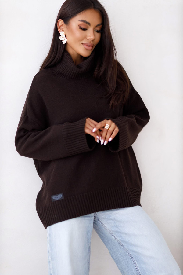 Sweter damski wełniany golf KELLY czekoladowy Madame Sue