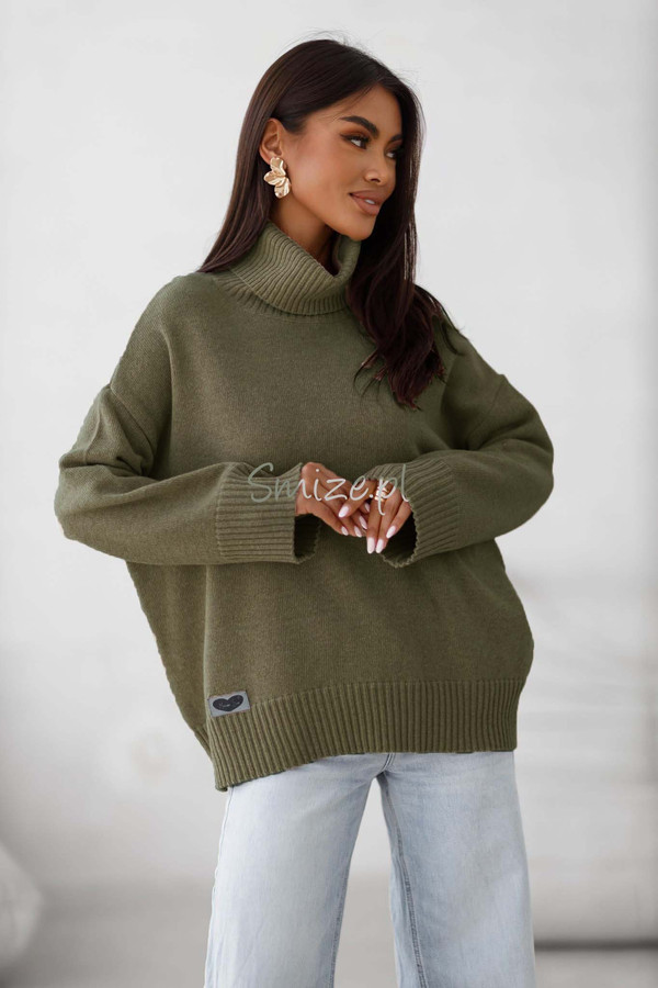 Sweter damski wełniany golf KELLY khaki Madame Sue