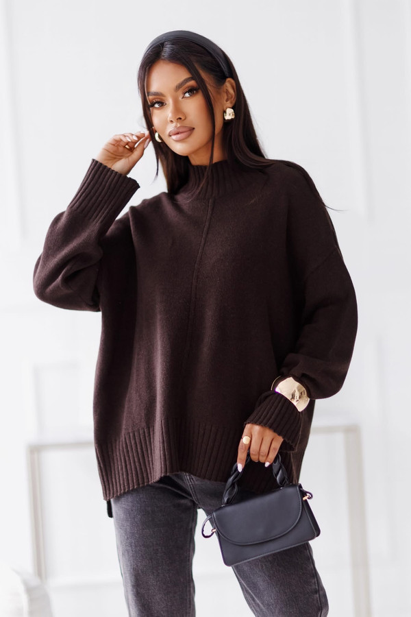 Sweter damski wełniany AURA, czekoladowy Madame Sue