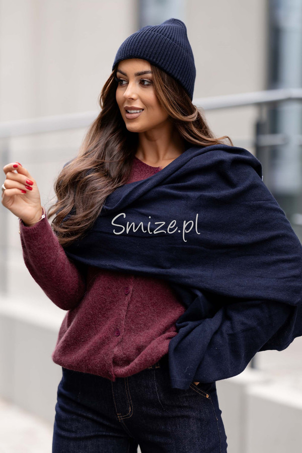 Komplet kaszmirowy granatowy, szal z czapką CASHMERE