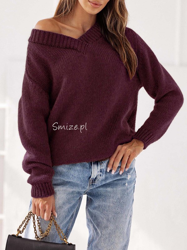 Sweter damski wełna moher premium Sisi V neck Madame Sue, bordowy