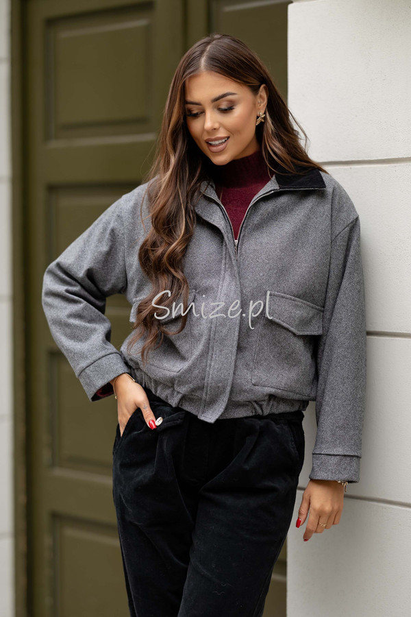 Kurtka damska bomberka w jodełkę, ze sztruksowym kołnierzem, szara