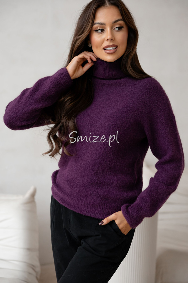 Sweter z golfem baby alpaka, bakłażan