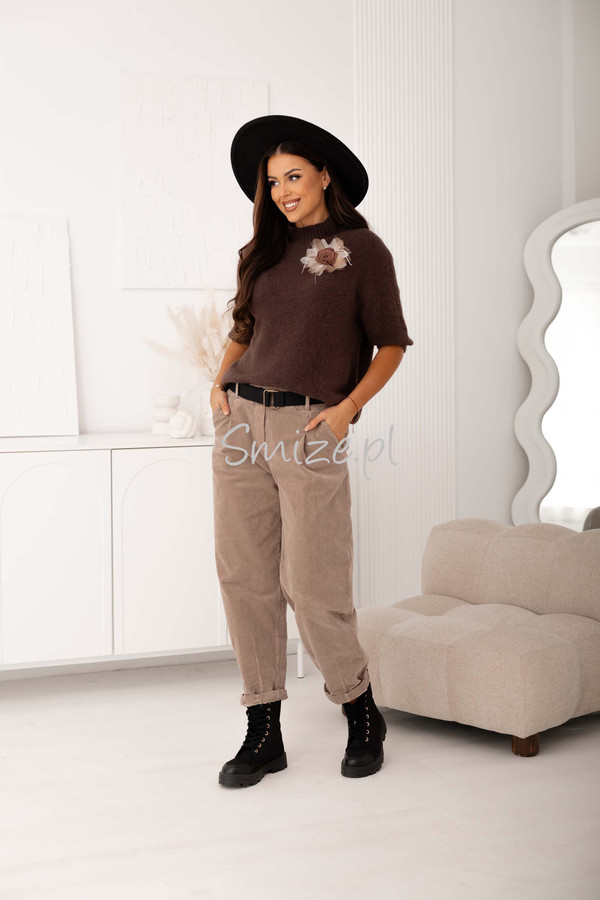 Damskie spodnie sztruksowe balloon, mokka