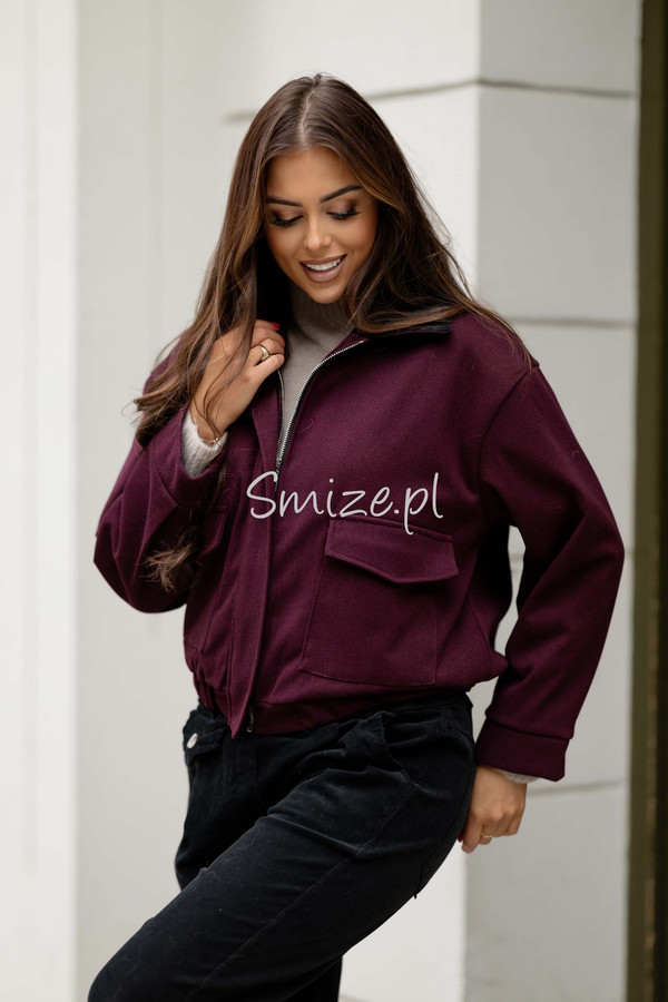 Kurtka damska bomberka w jodełkę, ze sztruksowym kołnierzem, bordowa