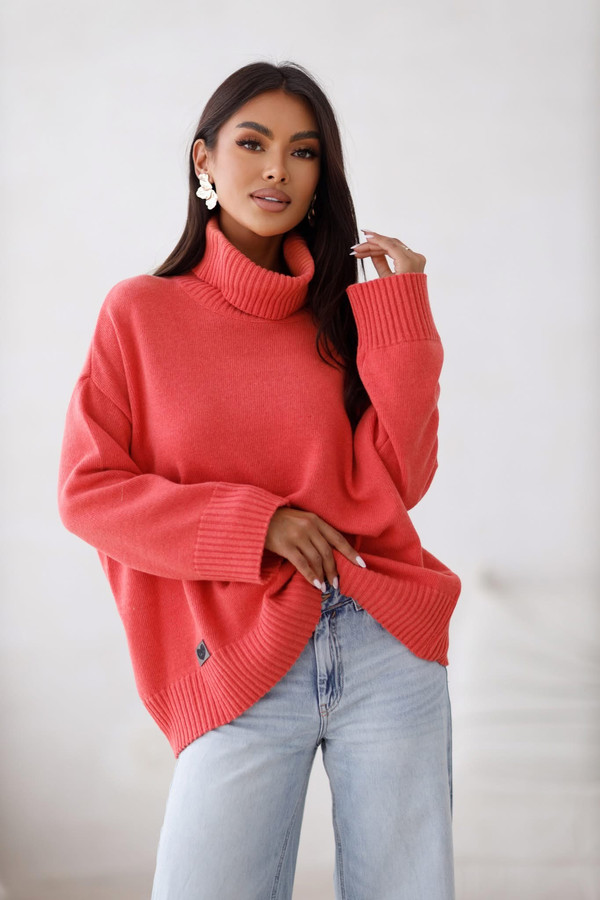 Sweter damski wełniany golf KELLY koralowy Madame Sue