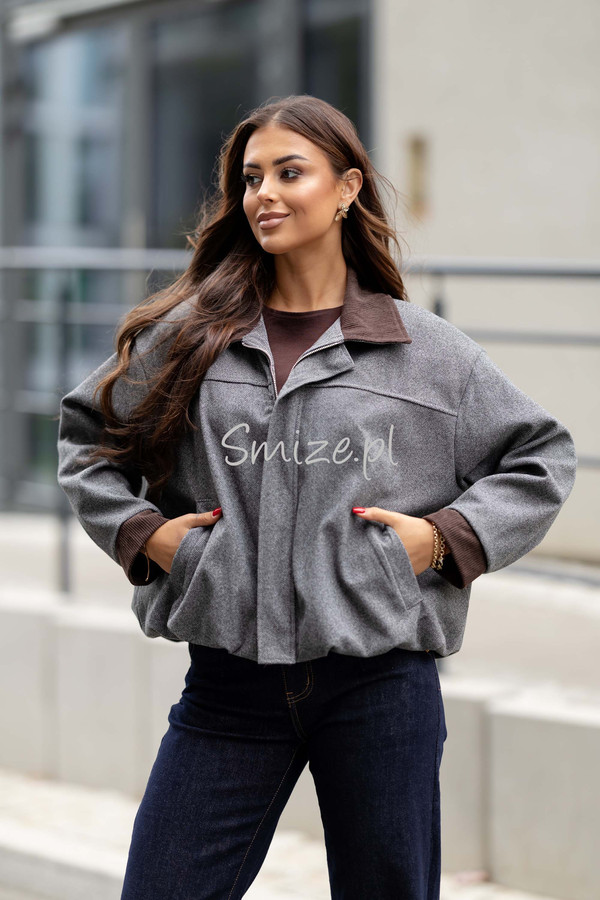Kurtka damska w jodełkę ze sztruksowym kołnierzem, szara