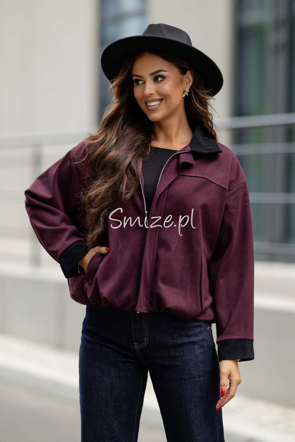 Kurtka damska w jodełkę ze sztruksowym kołnierzem, bordowa