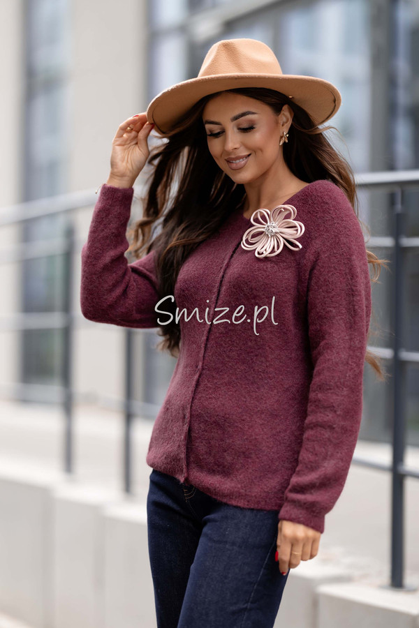 Sweter rozpinany, baby alpaka z broszką, bordowy