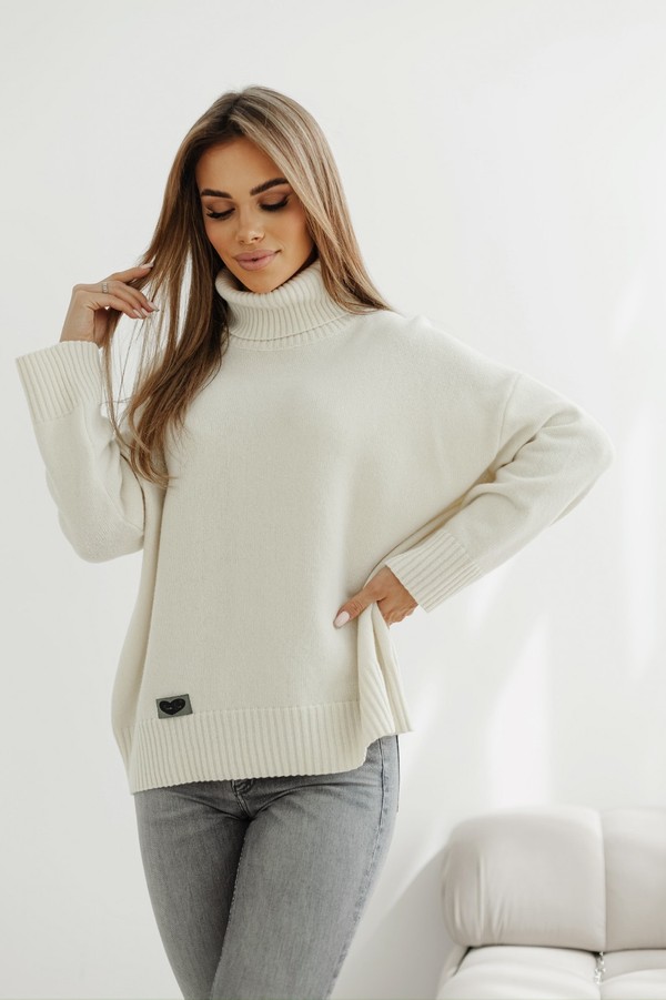 Sweter damski wełniany golf KELLY ecru Madame Sue