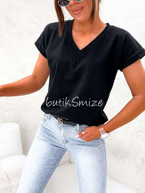 Gładki T-shirt bawełniany V neck classic Smize