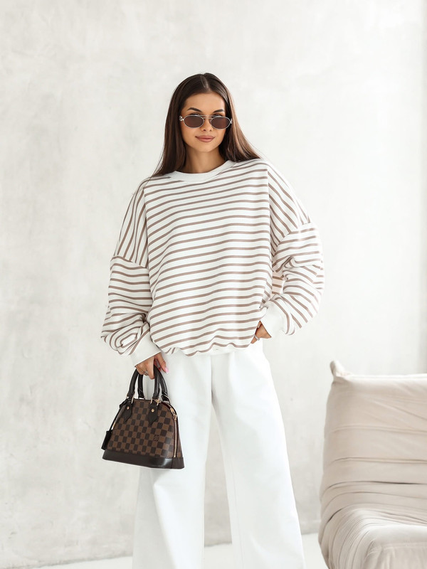 Bluza oversize śmietankowa w cappucino paski