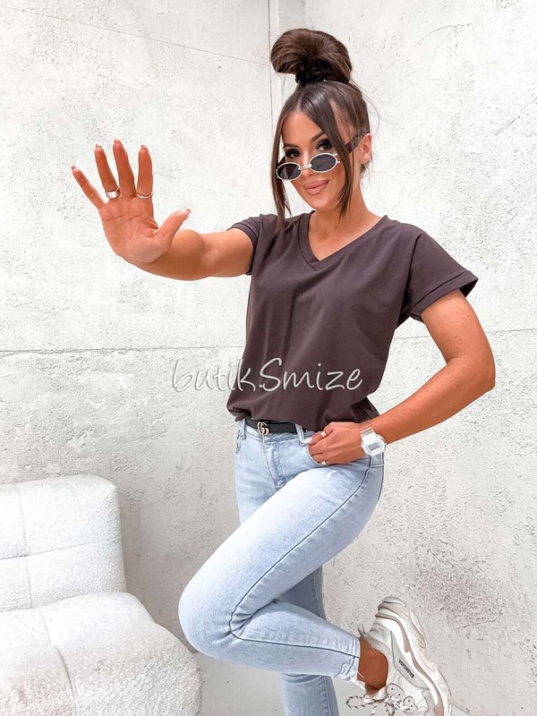 Gładki T-shirt bawełniany V neck classic Smize