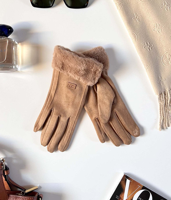 Rękawiczki pięciopalczaste z futerkiem, camel