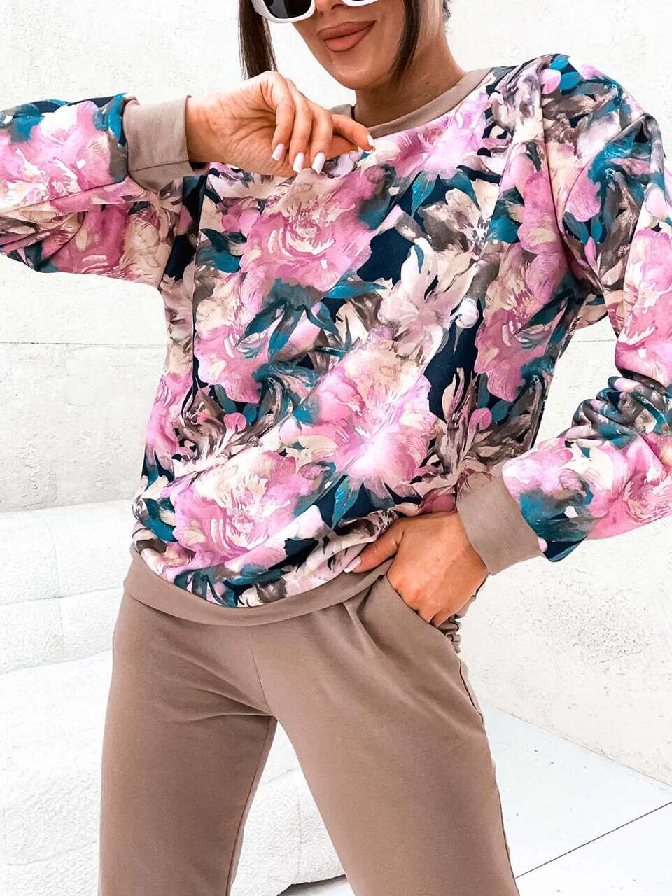 Bawelniany Komplet dresowy z bluzą w kwiaty