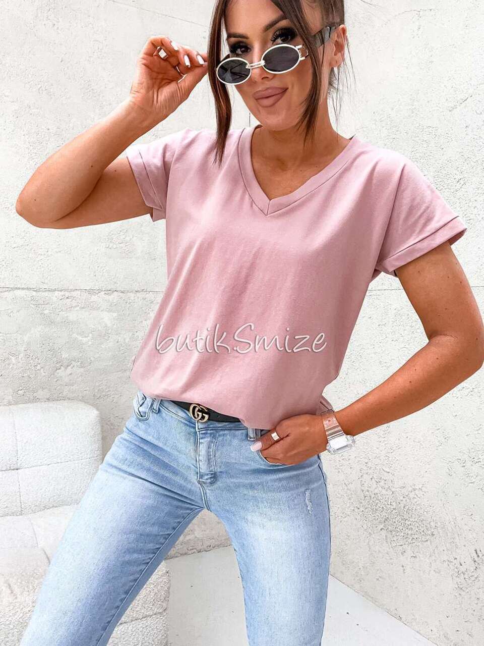 Gładki T-shirt bawełniany V neck classic Smize