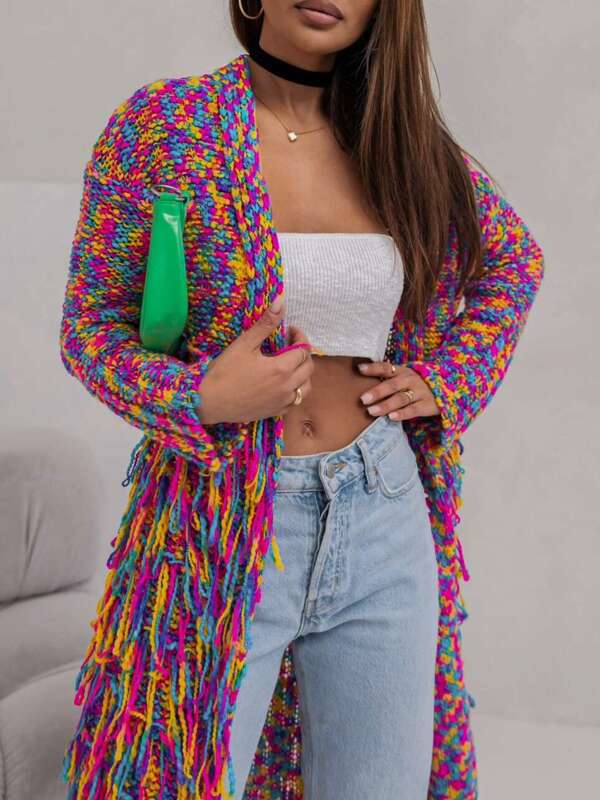 Długi sweter kardigan z frędzlami Puerto Multicolor Cocomore