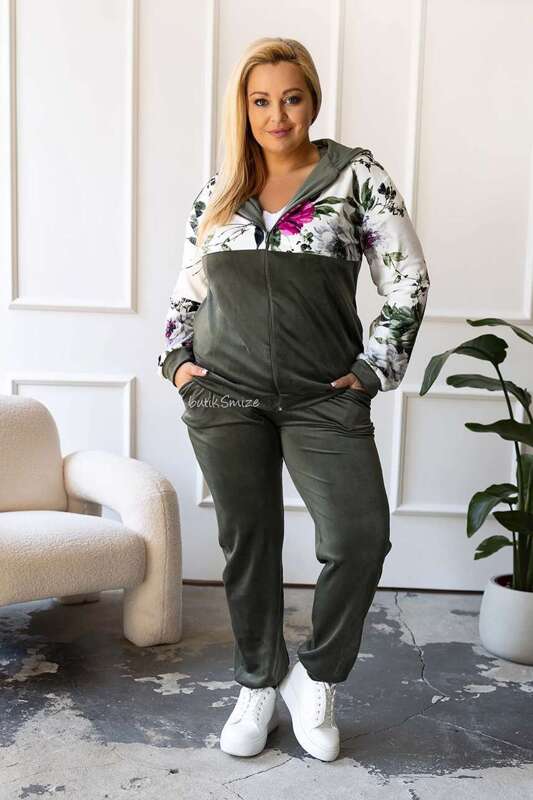 Welurowy komplet dresowy z rozpinaną bluzą Flowers Plus Size