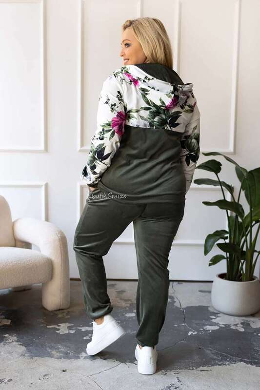 Welurowy komplet dresowy z rozpinaną bluzą Flowers Plus Size