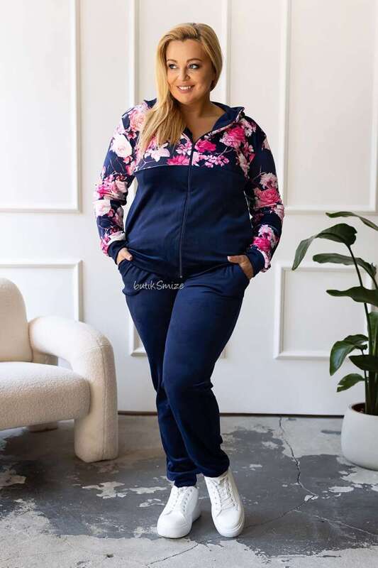 Welurowy komplet dresowy z rozpinaną bluzą Flowers Plus Size