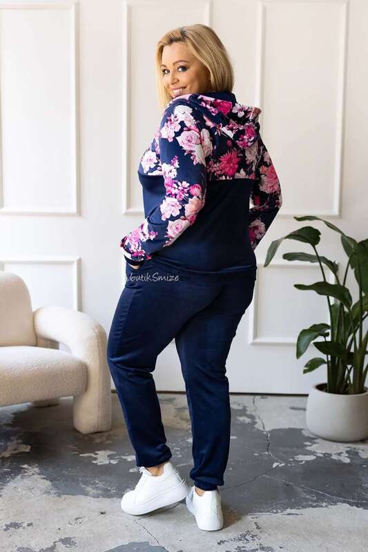 Welurowy komplet dresowy z rozpinaną bluzą Flowers Plus Size